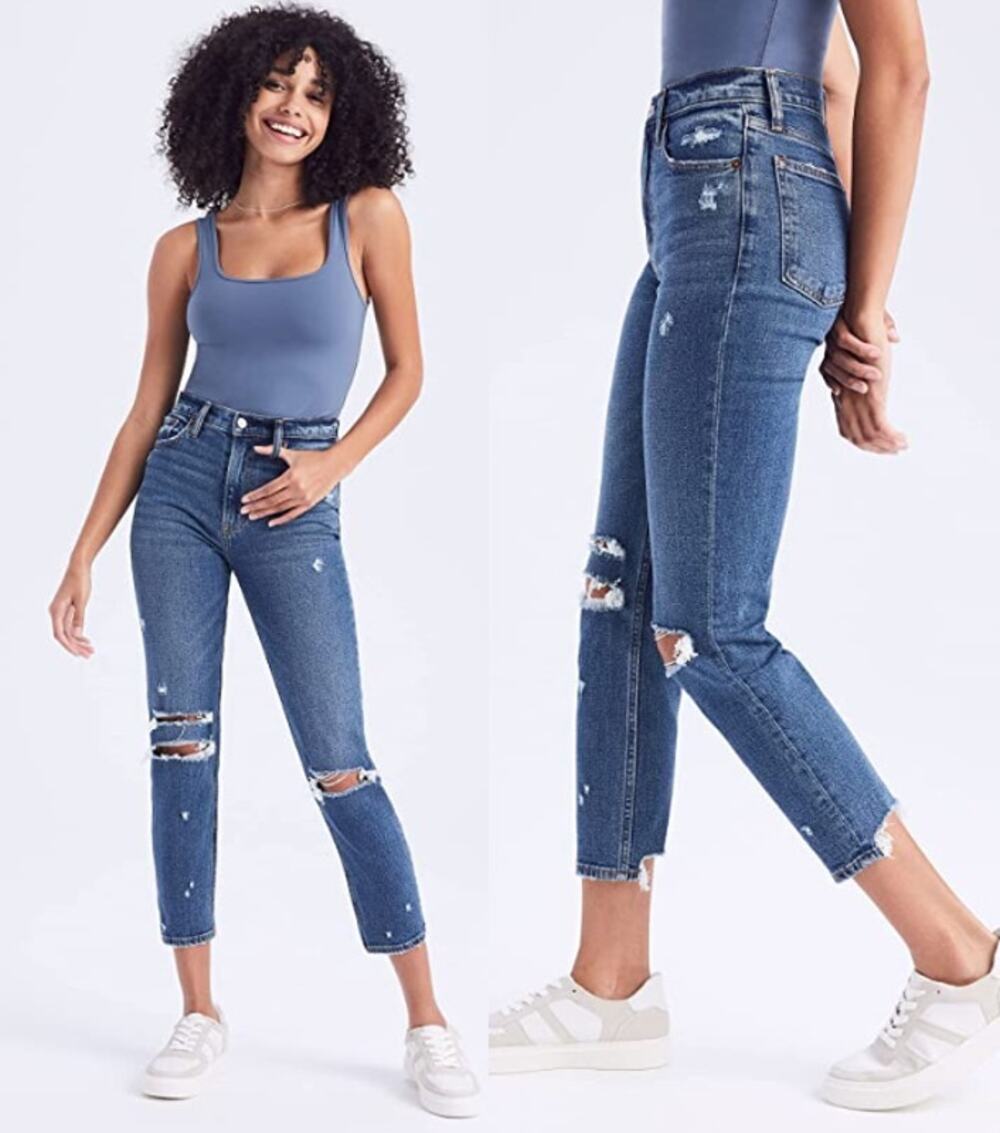 Abercrombie & Fitch Curve Love Knee Destroy High Rise Mom Jeans Blue Women's 25